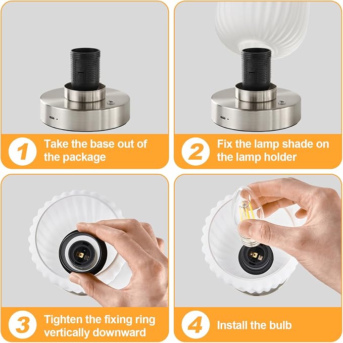 LightRound Cordless Table Lamp for Bedroom, 7500mAh Rechargeable Small Battery Lamp, Modern Touch Dimmable Wireless Lamp Brushed Nickel Base White Glass Shade for Living Room, Desk, Led Bulb Included