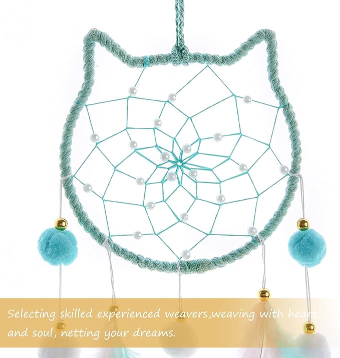 Pretty Jolly Green Cat Kids Dream Catcher Wall Decor Pompom Feather Baby Dreamcatcher Handmade Children Dream Catcher Home Décor Wall Hanging for Nursery Bedroom Boys Girls Birthday Gift-25.6in