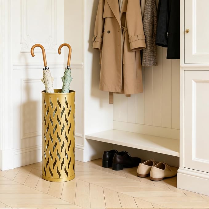 Umbrella Holder, Metal Umbrella Stand for Entryway, Umbrella Storage Rack with 4 Hooks Decor, Home, Office,5.8 × 5.8 × 16.4 (Gold)