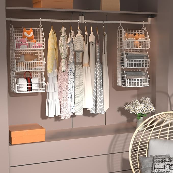 Hanging Closet Organizer and Storage, Clothes Hanging Shelves Wire Baskets for Clothing Sweaters Purse Handbags Shoes White 5 Tier