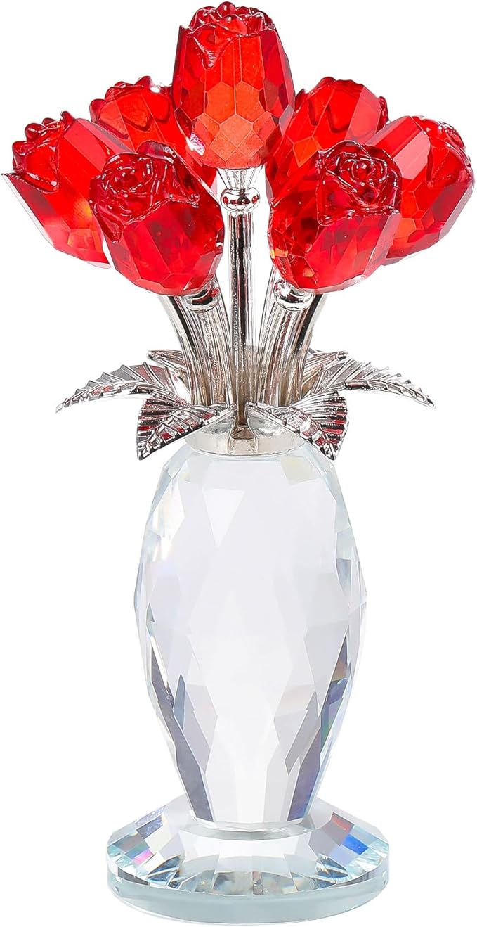 Movdyka Red Rose Crystal Flower Glass Roses Bouquet Gifts for Women Wife Mom Collectible Blown Glass Figurines Home Desk Decor Ornaments for Wedding Birthday Mothers Day Anniversary
