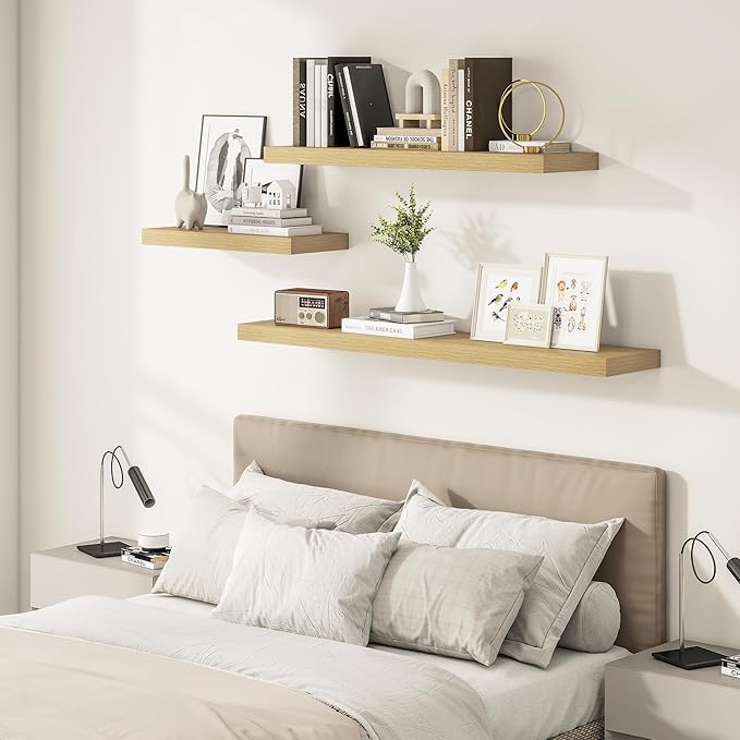 Vivelove 12 Inch Deep Floating Shelves 24 inch Long, 24 x 12 Wide Display Shelves with Invisible Brackets, Shelf for Bedroom Bathroom Living Room Office Home, Modern Shelf Set of 2, Oak