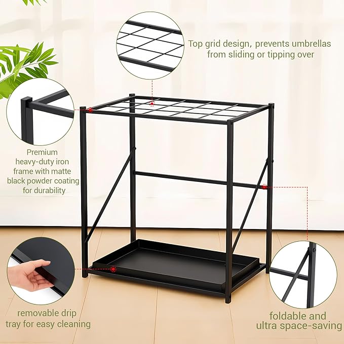 Colingmill Folding Umbrella Storage Stand Rack Holder Organizer Free Standing Umbrella Rack with Removable Drip Tray for Entryway Home Office Hotel Entry Hallway(L18.31 X W11.89 X H19.69 Inch)