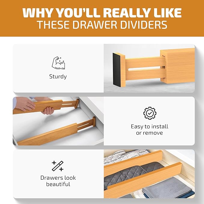 4 Pack Bamboo Drawer Dividers - 2.6 in High, Adjustable 16 to 22 in Expandable Drawer Organizers and Dresser Separators for Clothes, Bedroom, Bathroom, Kitchen, and Office Organization and Storage