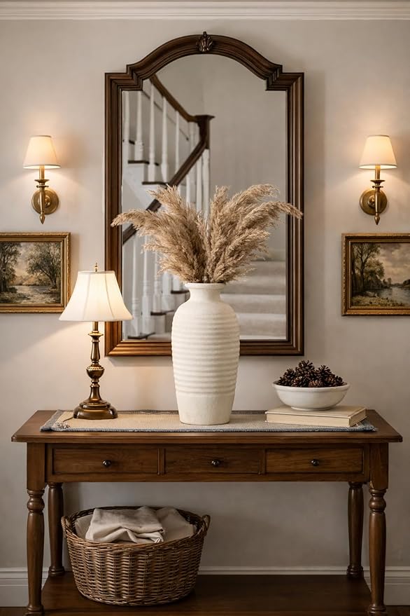 Ceramic Natural Rustic Vase, 14.4 Inch Large Vintage Flower Threaded Decorative Farmhouse Tall Vase for Home Decor, Living Room, Shelf Decor, Wedding, Housewarming Gift, Off-White