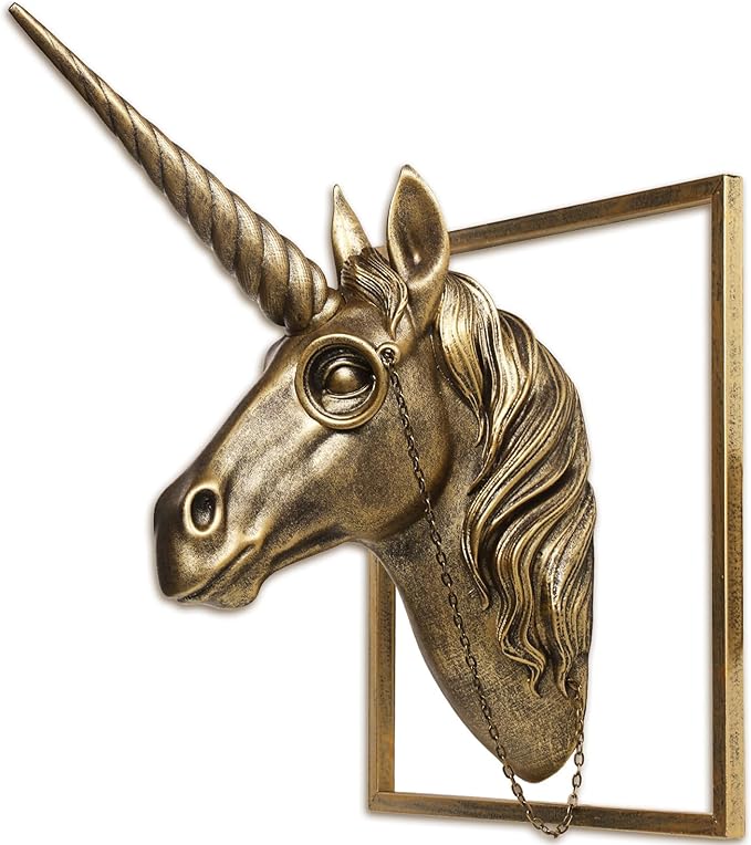 JJALIGHTS Exquisite Resin Animal Head Wall Sculpture (Gift Metal Frame) - Imitation Copper Vintage Decor for Living Room, Bedroom & Office | Decorative Wall Hanging Art (Unicorn)