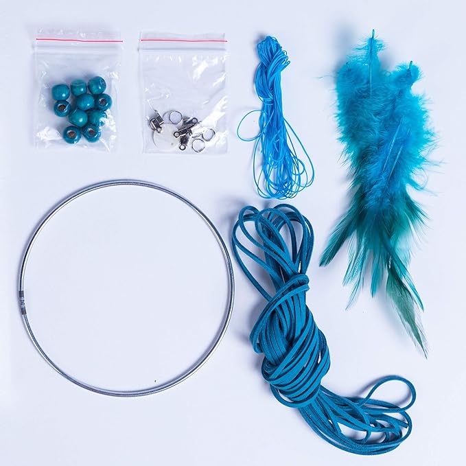 DIY Dream Catcher Beginner Kit, Making Dream Catcher Supplies Include Metal Hoop, Feathers, Faux Suede Cord, Thread, Wood Beads (Indigo)