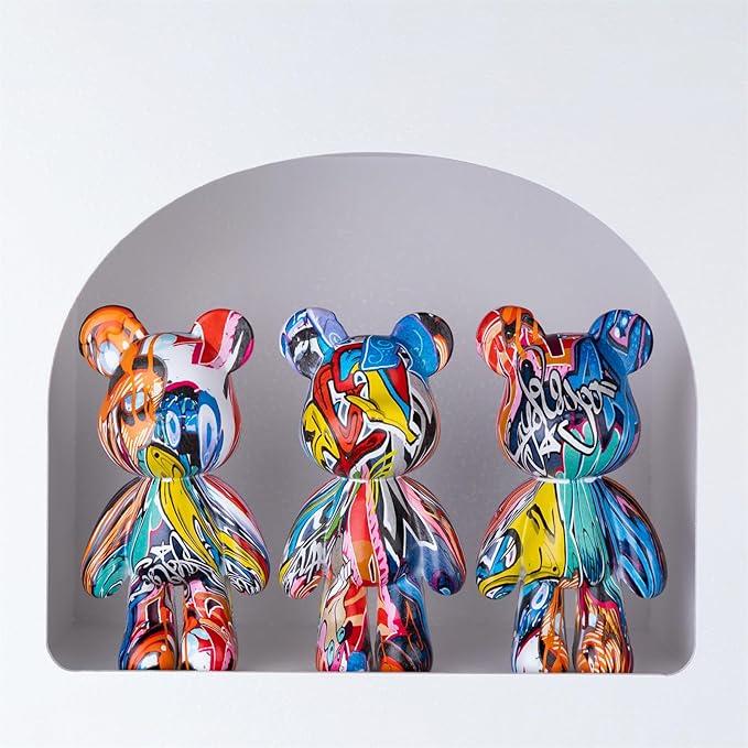 Graffiti Bear Statue, Resin Animal Sculpture Home Decor, Art Figurine Home Ornament Decoration for Office, Living Room, Bedroom, Book Shelf, TV Cabinet, Desktop