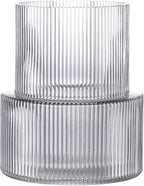 Black Glass Vase, Ribbed Glass Vase for Tulips, Flower Vases for Bouquet, Black Modern Vases for Living Room, Dining Table, Entryway, Mantle, Shelf, Wedding, Office, 7.5 Inches