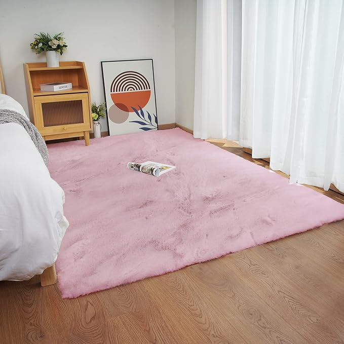 Ghouse Ultra Soft Faux Rabbit Fur Rug 5x8, Machine Washable Area Rugs for Bedroom Fluffy Rugs for Living Room, No-Shedding Carpet Sheepskin Rug Pink