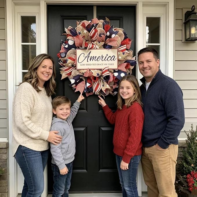 4th of July Decorations Outdoor Patriotic Wreaths for Front Door 250th Anniversary Decorations Red White and Blue American Flag Wreath (America 1)