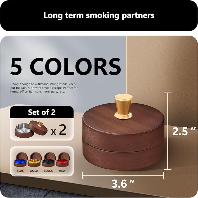 roygra Wooden Ash Tray with Lid (2 Pack), Outdoor Ashtray for Outside Patio, Smokeless Ashtrays for Cigarettes with 3 Holder, Smoking Accessories, Home Décor, Ashtrays for Smokers Indoor - Silver