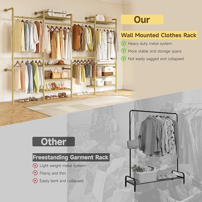 ONBRILL H4 Wall Mounted Closet System, Expandable Industrial Pipe Clothes Rack Clothing Rack for Hanging Clothes, Heavy Duty Closet Organizers and Storage in Wardrobe Closet - Gold