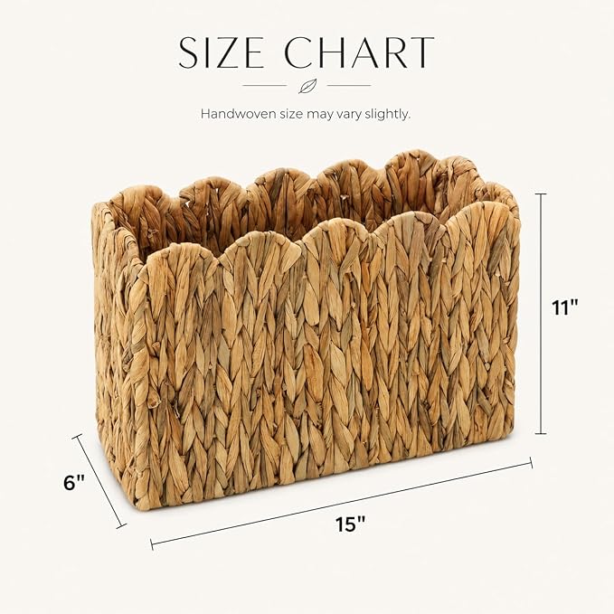 Water Hyacinth Magazine Holder for Floor, Tall Narrow Wicker Magazine Basket with Scalloped Edge – Handwoven Magazine Rack, Book Basket & File Holder for Living Room, Office & Bedroom