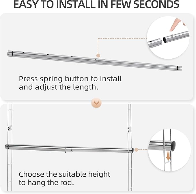STORAGE MANIAC Hanging Closet Rod, Adjustable Width and Height Closet Hanging Organizer, Space-Saving Clothes Hanging Bar, Closet Extender Hanging Rod Double Closet Hanging Rod, 2 Pack Chrome