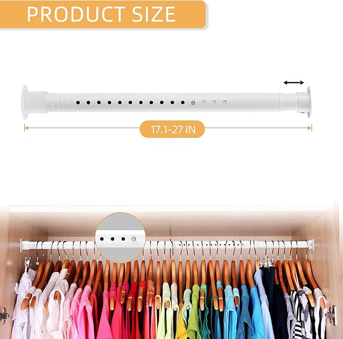 1.3 Inch Diameter Closet Rods for Hanging Clothes, Metal Heavy Duty Closet Rod 17-28 Inch Adjustable, White Closet Bar for Hanging Clothes, Suitable for Closet, Wardrobes, Bathroom, Windows