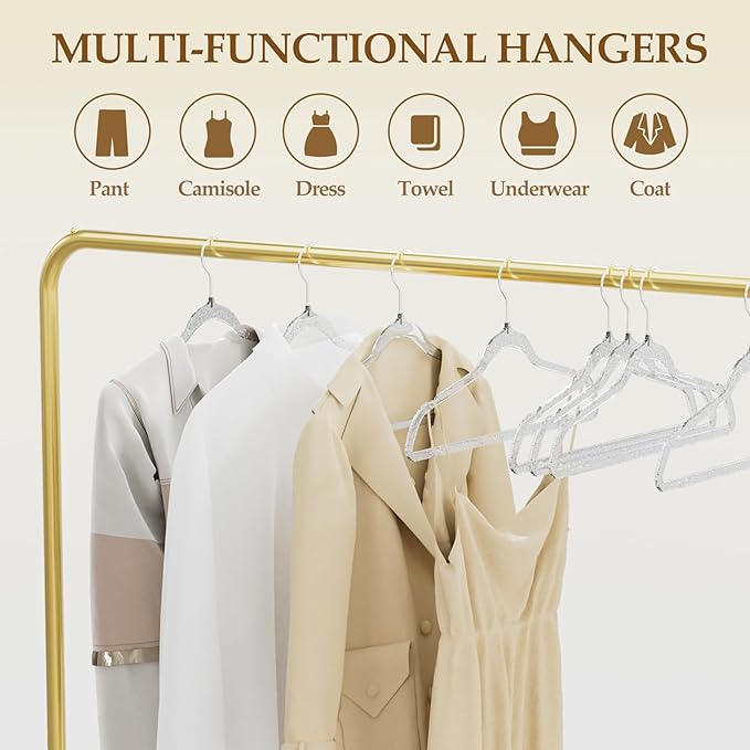 50 Pack Clear Plastic Hangers with Silver Glitter, Acrylic, Ultra Slim, Space Saving, for Coats, Pants, Suits, Shirts, Skirts, Dress Clothes