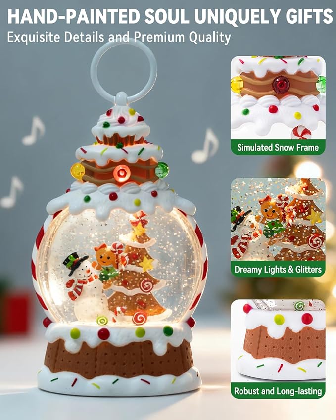 Gingerbread Snowman Christmas Tree Snow Globe - Lighted Gingerbread Snow Globe with Swirling Glitter and LED Lights, Hand Painted Christmas Decoration Playing 8 Holiday Songs, Xmas Gift for Adults