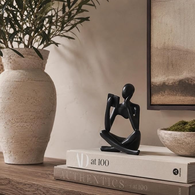 Black Bookshelf Decor Thinker Statue, Abstract Reading Figurine Style B, Resin Decorative Bookend for Coffee Table, Shelf, Home Office, Library