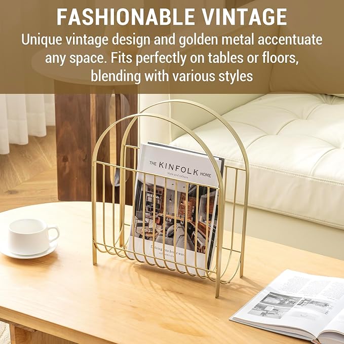 MyGift Deluxe Mid Century Brass Tone Metal Wire Magazine Holder Rack, Table or Floor Display Newspaper Stand Storage Sling for Magazines and Vinyl Record Albums