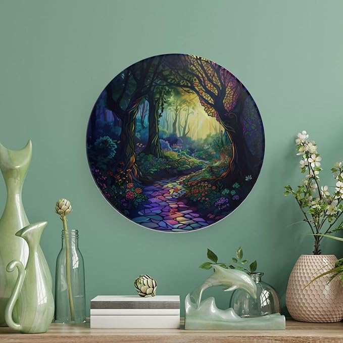 Stained Glass Theme Decorative Ceramic Plate Round Porcelain Plate,8 inch,Sunrise Forest Stream Pattern,for Decorative Ornaments Giving Plates, 1 Plate with 1 Display Stand,Multicolor