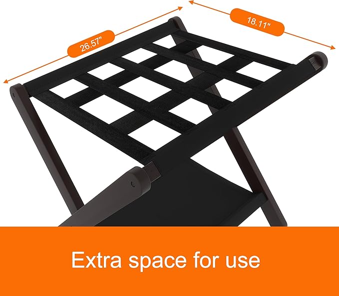 Heybly Luggage Rack, Folding Suitcase Stand with Storage Shelf, Heavy-Duty Luggage Holder for Guest Room Bedroom Hotel, Holds up to 165 lb, Black, HLR010Z1