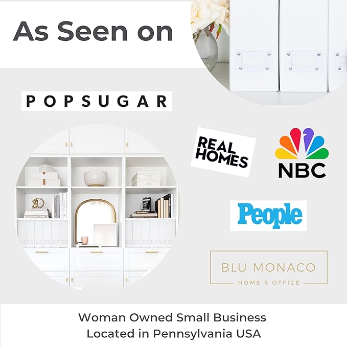 BLU MONACO Set of 6 Foldable White Magazine File Holders | Vertical Desk File Organizer Boxes With Leather Label Holders | Stylish Cardboard Magazine Storage for Shelves, Workspace and Home Office