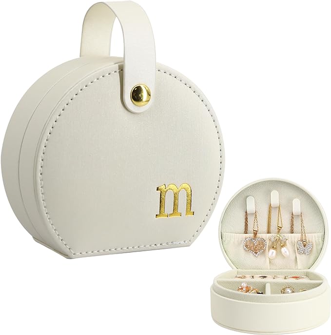 COLLECTIVE HOME - Travel Jewelry Case, Elegant Half-Moon Design with Gold Monogram, Detachable Handle, Personalized Accessory Organizer, Gift for Fashion-Forward Women and Teens (m)