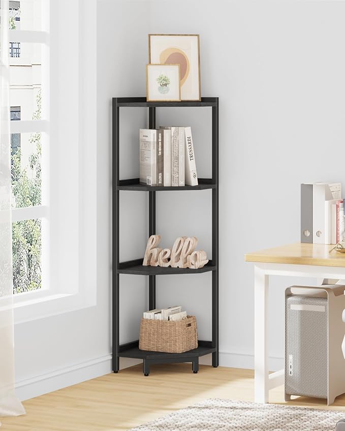 Hzuaneri Corner Shelf Stand, Corner Bookshelf, Storage Standing Shelf Unit with Metal Frame, Plant Stand, Bookcase for Living Room, Home Office, Bedroom, 4-Tier Black CS05806B