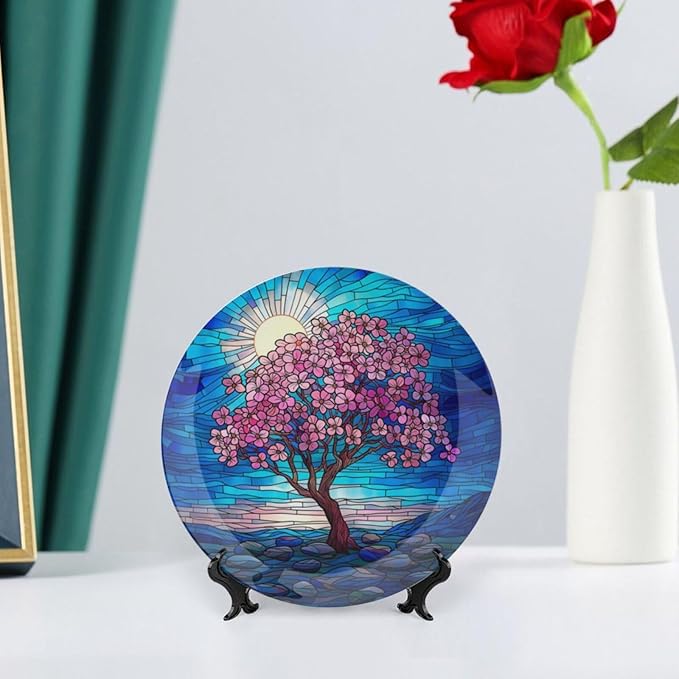 Stained Glass Theme Decorative Ceramic Plate Round Porcelain Plate,6 inch,Cherry Tree Pattern,for Decorative Ornaments Giving Plates, 1 Plate with 1 Display Stand,Blue Pink
