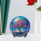 Stained Glass Theme Decorative Ceramic Plate Round Porcelain Plate,6 inch,Cherry Tree Pattern,for Decorative Ornaments Giving Plates, 1 Plate with 1 Display Stand,Blue Pink