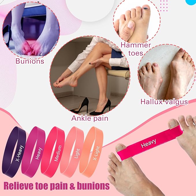 Set of 5 Toe Stretcher Band Separator Spacer Bunion Correction Hallux Valgus Alignment Foot Stretcher Straightener Resistance Loop Yoga Exercise Foot Care with Carry Bag(Pink)