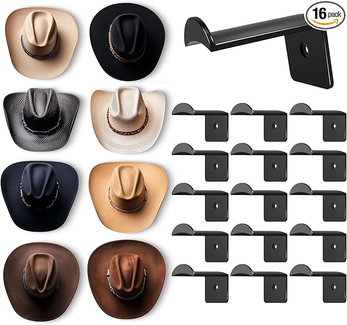 2.8 Inch Hat Hooks for Wall - (16 Pack) Cowboy Hat Rack, Strong Adhesive Cap Holder, Organizer for Baseball Caps, Western Room Decor - Black