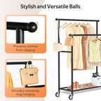 MISSLO Double Rods Garment Rack Heavy Duty Clothing Rack for Hanging Clothes Portable Clothes Organizer for Bedroom, Living Room, Clothing Store (Black with wheels)