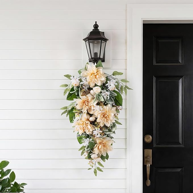 Glitzhome Peach Dahlia Floral Teardrop Swag 28" Artificial Spring Teardrop Swag Wreath for Front Door Porch Wall Window Decor