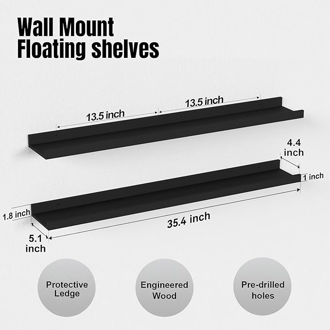 Boswillon 35.4 Inches Long Floating Shelves Wall Mounted, 2 Set Modern Black Wall Shelf for Bedroom, Nursery Book Shelf with Lip, Picture Ledge Shelf for Decor Living Room Bathroom Kitchen- Black