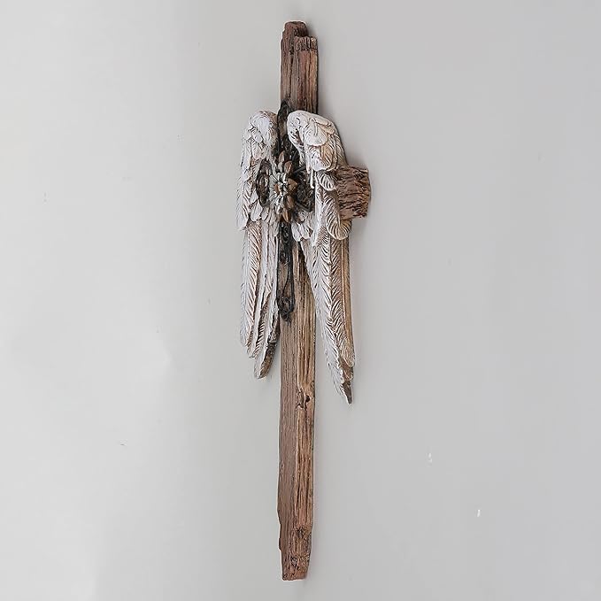 BC Home Decor Angel Wings Crosses Wall Décor, 12" H Angel Decoration Gifts For Women, Rustic Decor Style, Inspirational Wall Sculpture, Hand Painted by Buildclassic