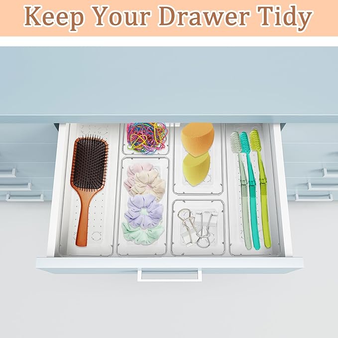 6 Pack Clear Drawer Organizer Set,Versatile Bathroom and Vanity Organizer Trays,Acrylic Drawer Storage Trays,Storage Bins for Makeup Jewelries,Cosmetics,Gadgets,Kitchen Utensils and Office