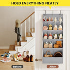 15 Pockets Over the Door Shoe Organizer, Shoe Rack for Closet Door with Large Breathable Pockets, Hanging Shoes Rack for Boots Size, Behind the Door Organizer Shoe Holder for Flexible Storage, Grey ﻿
