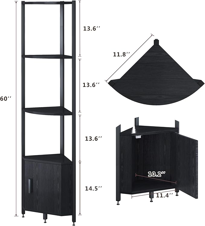 Corner Shelf with Storage, LED Lights 6-Tier Corner Bookshelf, 66'' Organizer Book Shelf Shelves Steel Frame Display Stand with Living Room, Bedroom, Study, Black