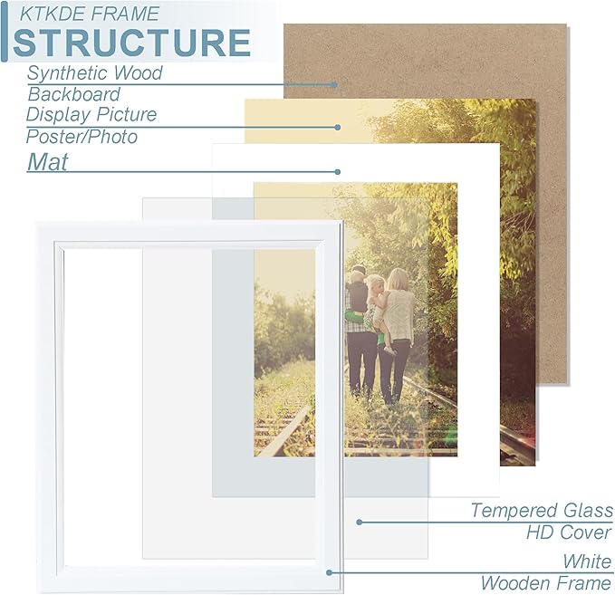 KTKDE 11x13 Picture Frame,Display Pictures 8x10 with Mat or 11x13 Without, Tempered Glass,13 by 11 White Wooden Frame Wall Gallery Poster Frame best gift