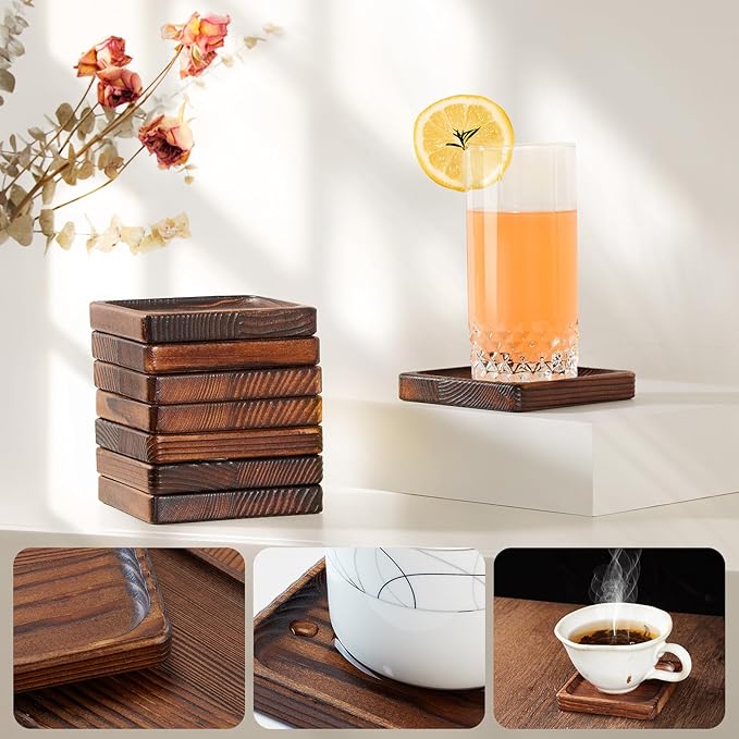 Wooden Coasters for Drink-Coasters Set of 8,Acacia Wood Drink Coasters Set for Coffee Table Decor, Modern Cup Coaster for Kitchen Accessories Cute Beer Bar Decorative Rustic Outdoor Coasters