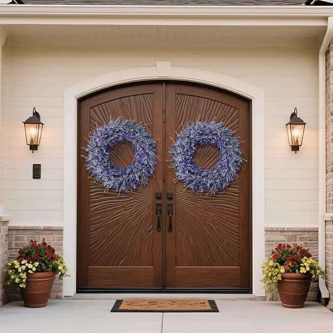 32" Lavender & Eucalyptus Wreath for Front Door, Porch, Window - Large Artificial Greenery Outdoor Wreath for Home, Farmhouse Decor - Spring, Summer, Fall, All Seasons (Purple)