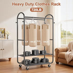 EAGMAK Heavy Duty Clothing Racks for Hanging Clothes 720 Lbs, Rolling Clothes Rack Double Rod Garment Rack with Lockable Wheels, Metal Closet Organizer for Bedroom, Laundry, Retail, Black