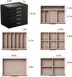 pickpiff Jewelry Box Organizer Case for Women: 5-Layer Jewelry Storage Case with Glass Window, Black Leather with Blush Velvet, Holder for Ring Necklace Bracelet Brooch Watch, Great Gift for Her