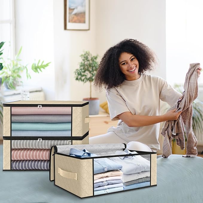 HomeHacks Storage 8-Pack Clothes Organizer Storage Bags Foldable Storage Box with Large Clear Window Sturdy Handles for Closet, Dorm, Pillows, Bedding, Clothes, Blankets, 35L, Beige