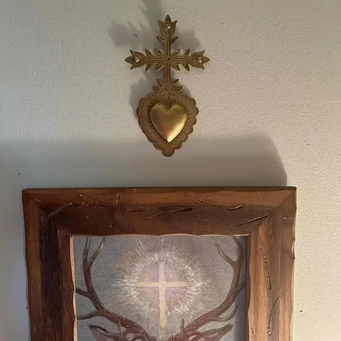MVTDONT Golden Wall Cross-Saint Heart Miracle Decorative Wall Cross, Antique Gold Heart Design, Vintage Religious Home Deco
