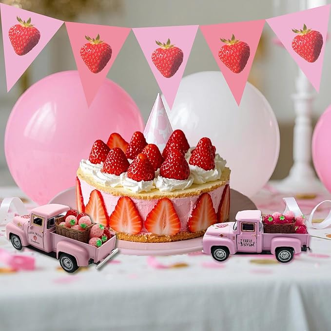 4.9″ Mini Vintage Strawberry Pink Metal Farm Truck Decor with Fake Strawberries, Home Kitchen Centerpieces for Tables Farmhouse Pickup Tiered Tray Stand Decorations, Spring & Christmas Desk Display