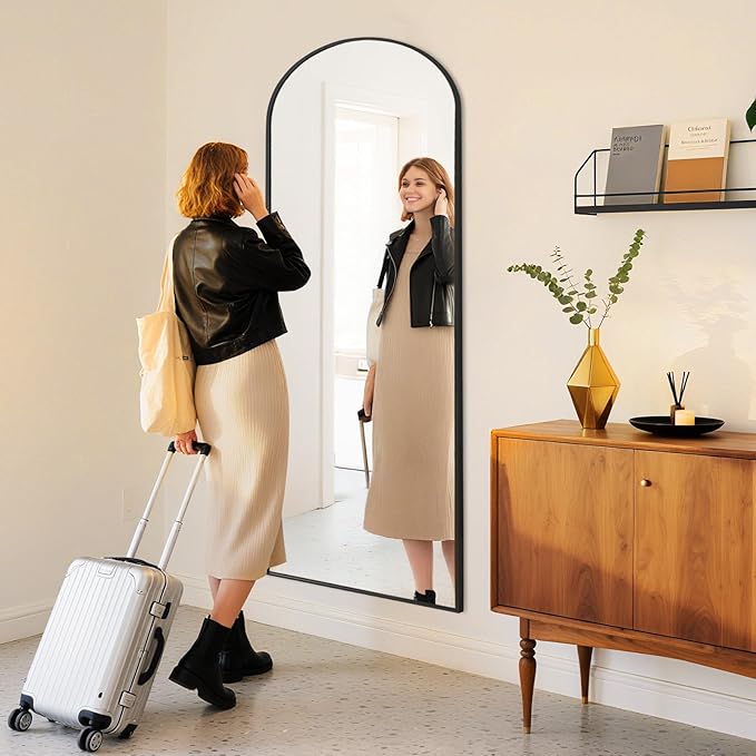 DUMOS Arched Wall-Mounted Full Length Mirror 27"x71" for Bedroom, Full Body Floor Mirror with Stand, Hanging or Leaning for Wall, Black