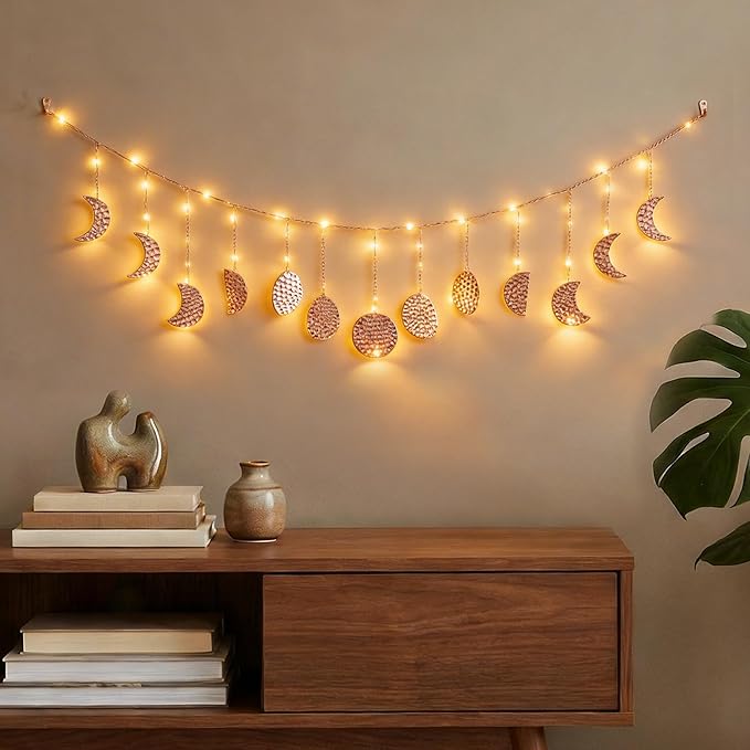 opulinea Boho Moon Phase Wall Hanging, Rose Gold Hammered Metal LED Celestial Garland for Bedroom Witchy Home Christmas Decor